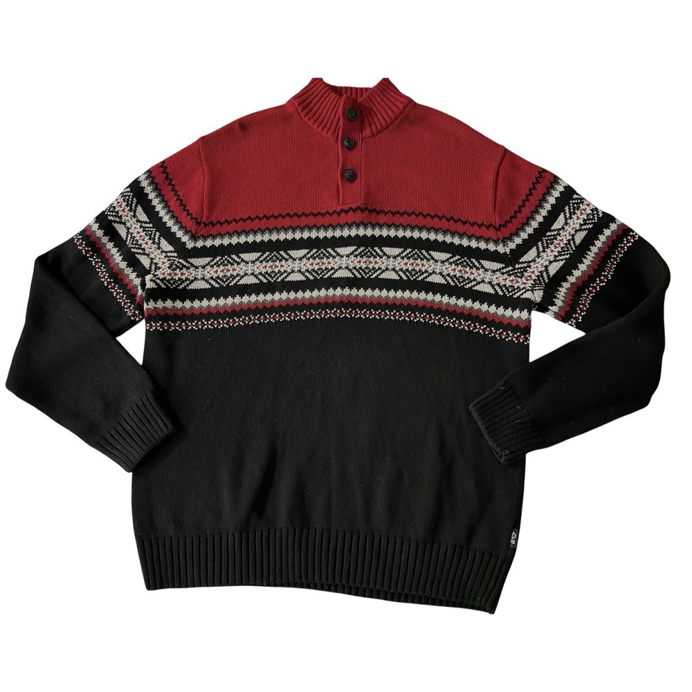 Chaps Ralph Lauren Men Sweater Henley LARGE Fair Isle Nordic Cotton RED Chunky